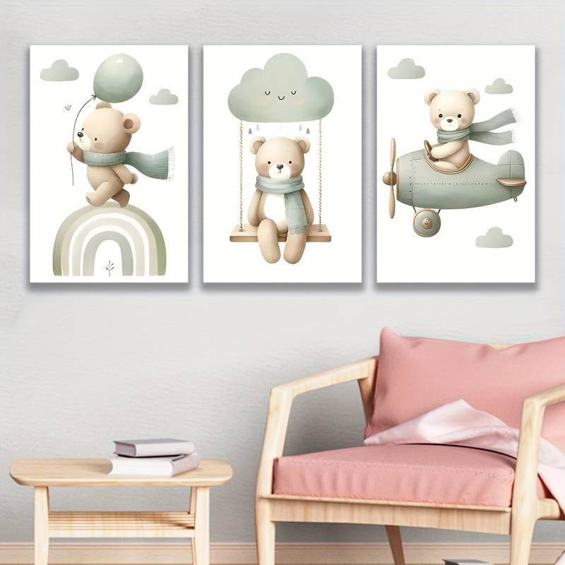 3pcs Charming Cloud Swing an Adorable Bear Metal Print Ready to Hang Art