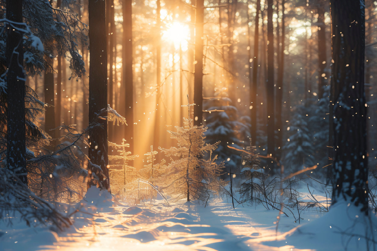 Snowy Forest with Trees through Sunlight Print 100% Australian Made - Bella Home Decor