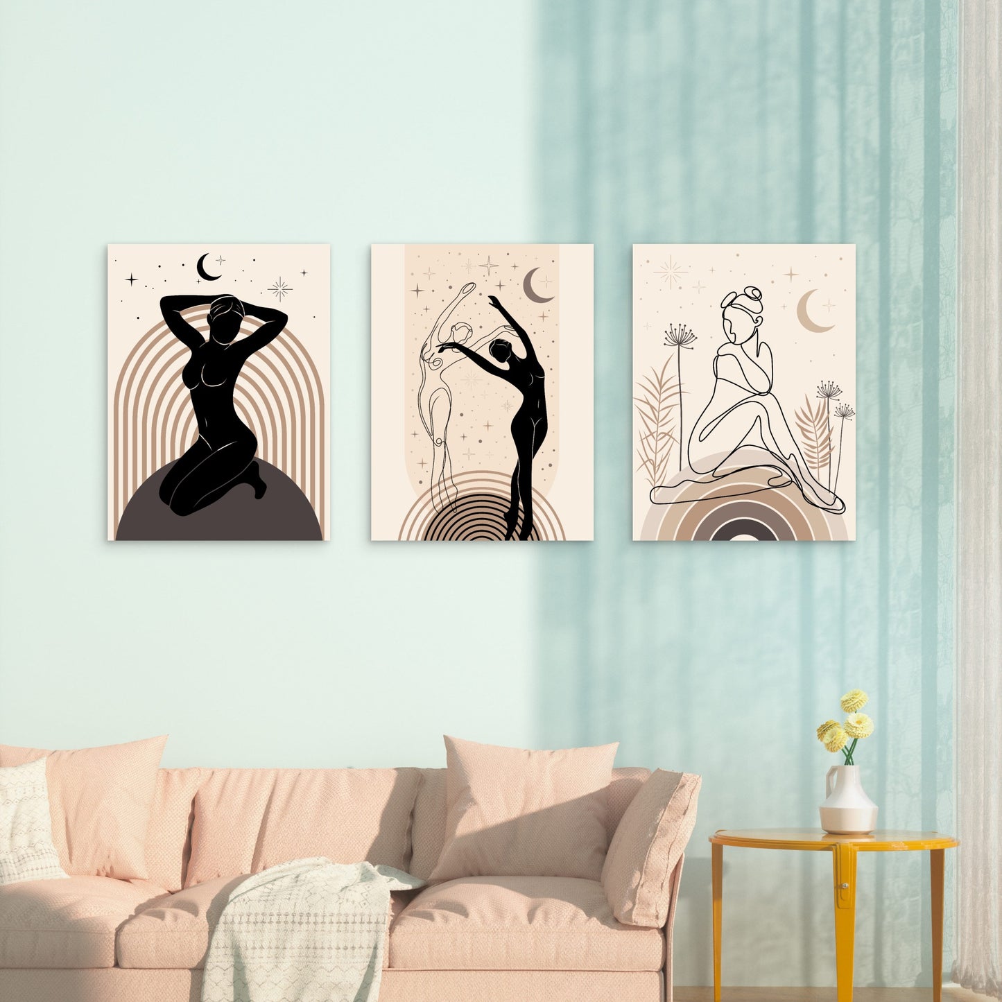 3pcs Boho Line Silhouette Moon Star Painting Wall Art Set Canvas Framed 40x60cm - High Quality Print 100% Australian Made Wall Canvas Ready to Hang
