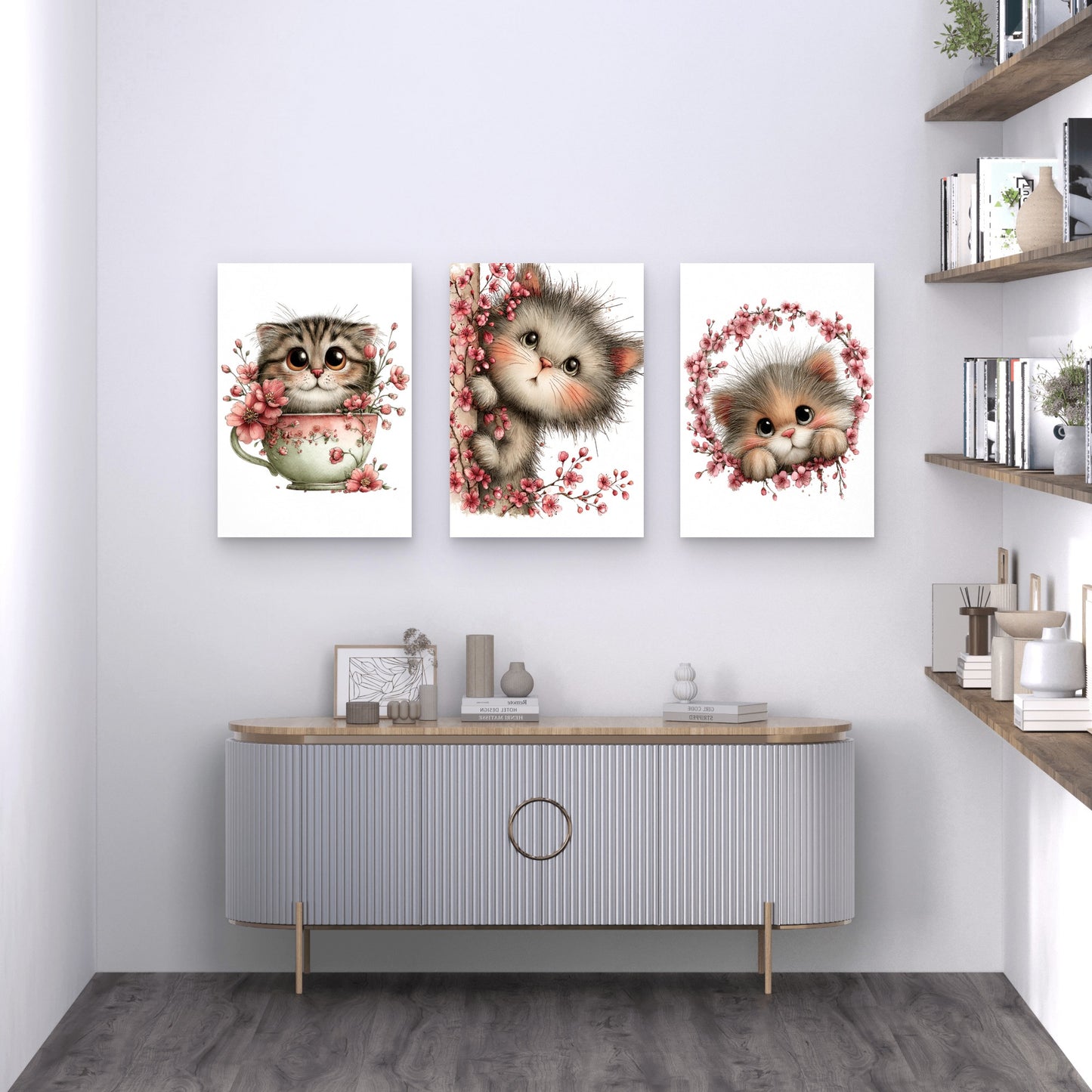 3pcs Sakura Cherry Blossom Cats Wall Art Set Canvas Framed 40x60cm - High Quality Print 100% Australian Made Wall Canvas Ready to Hang