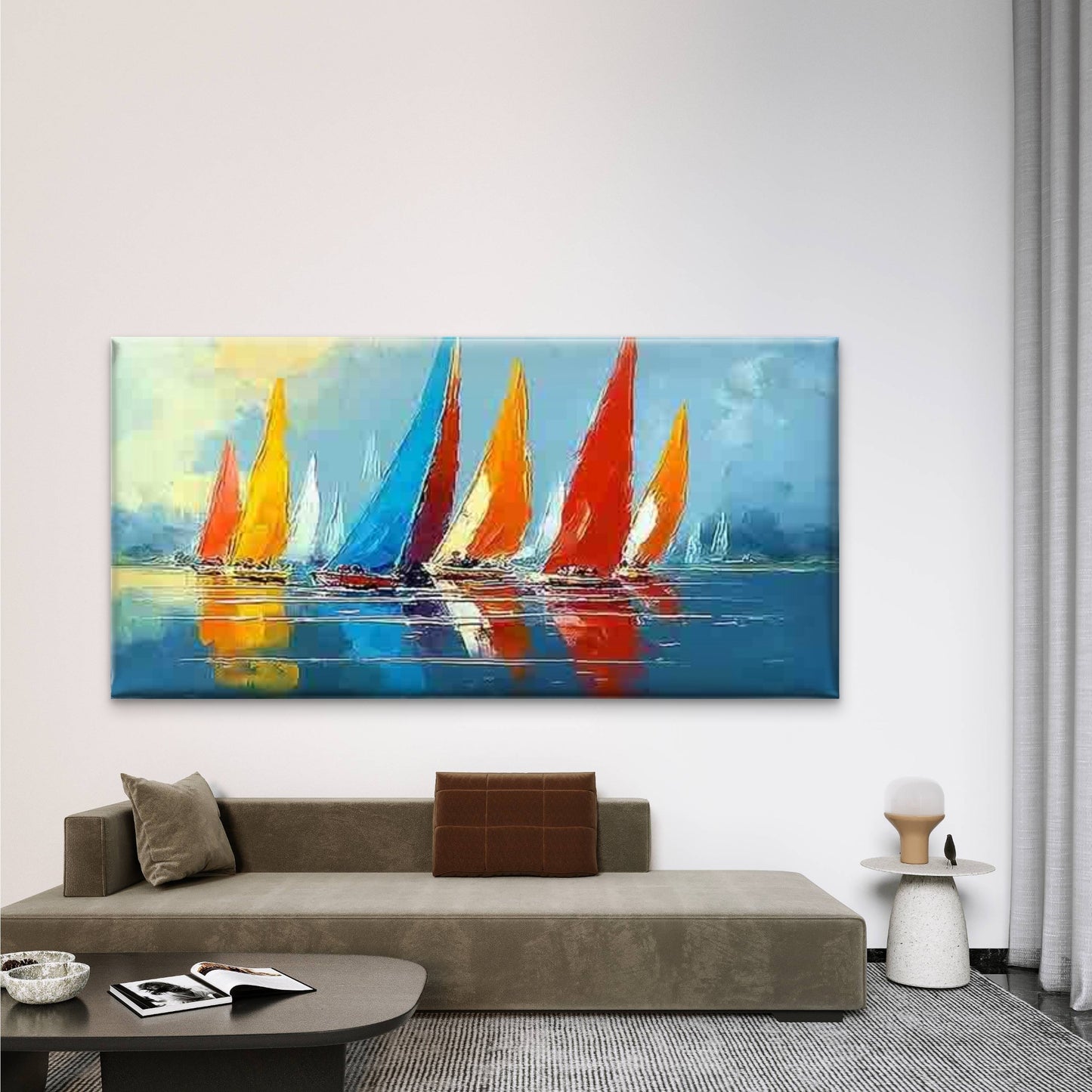 Vibrant Sailboats on The Ocean Wall Art Canvas Office Home Room Framed 120x60cm