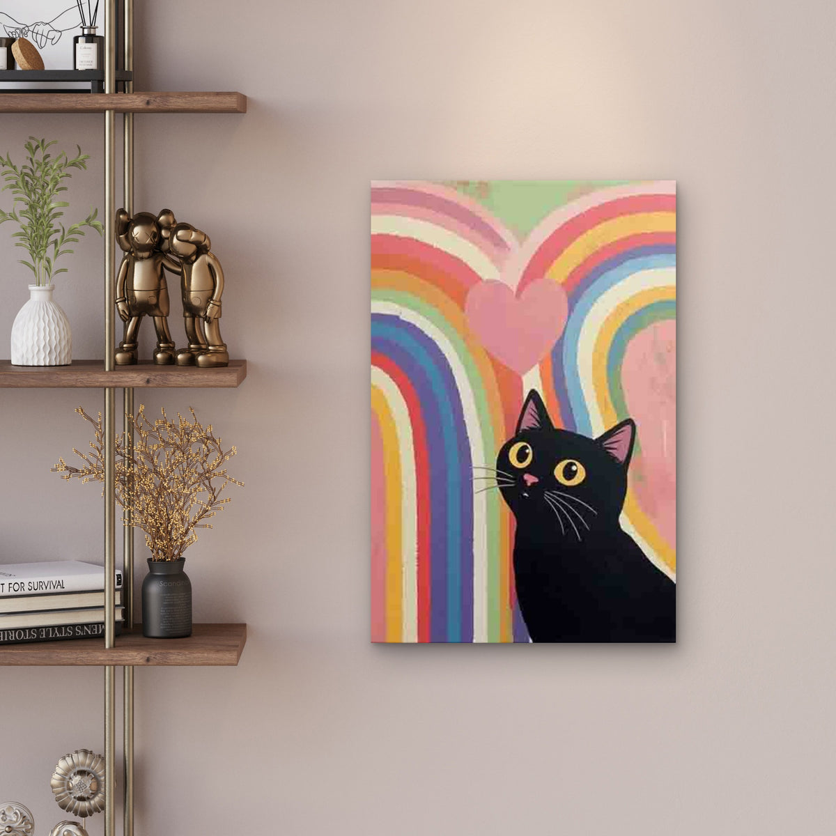 Black Cat Looking at Rainbow Heart Metal Print Ready to Hang