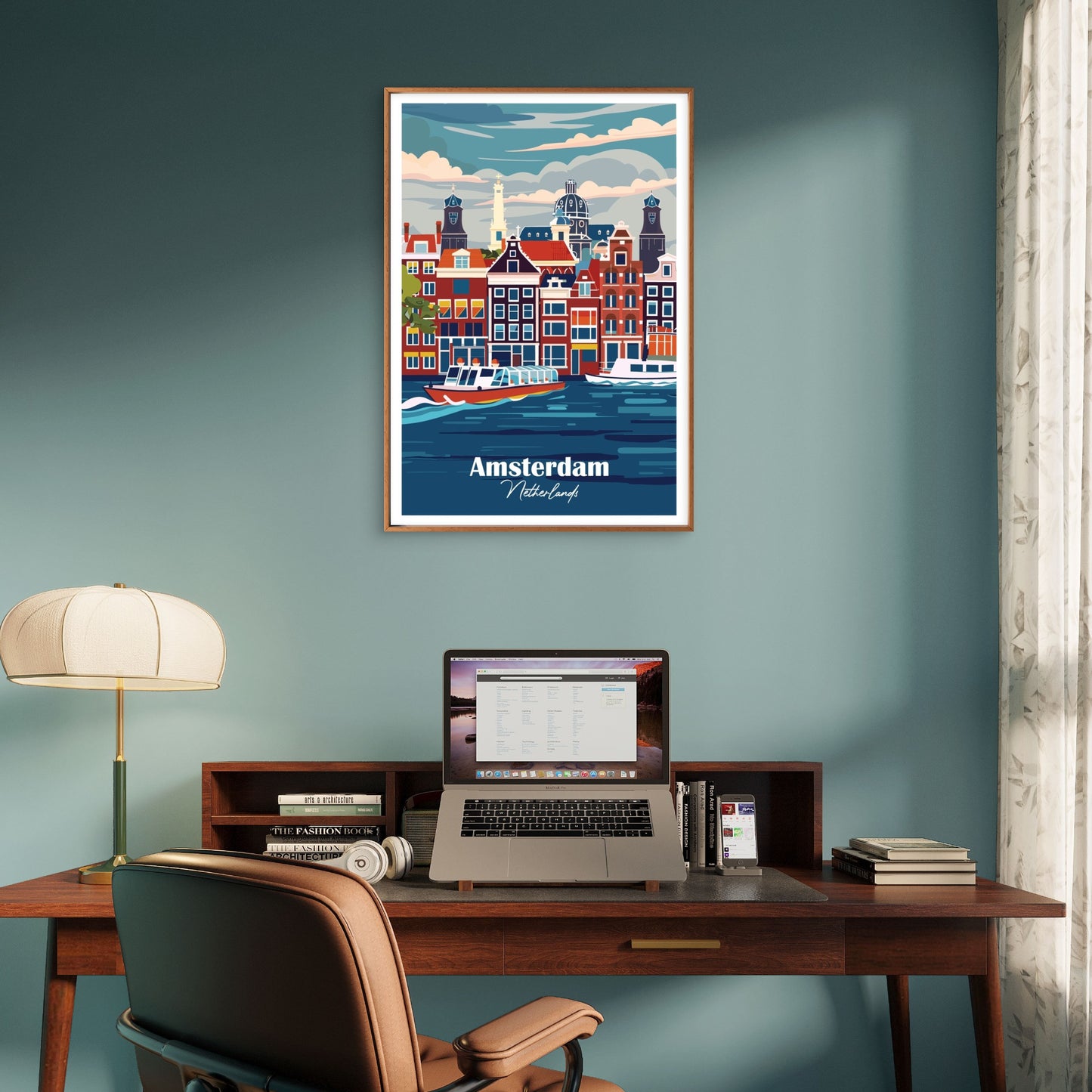 Amsterdam Netherlands Canal Boats Houses Retro Travel Poster Print Wall Art