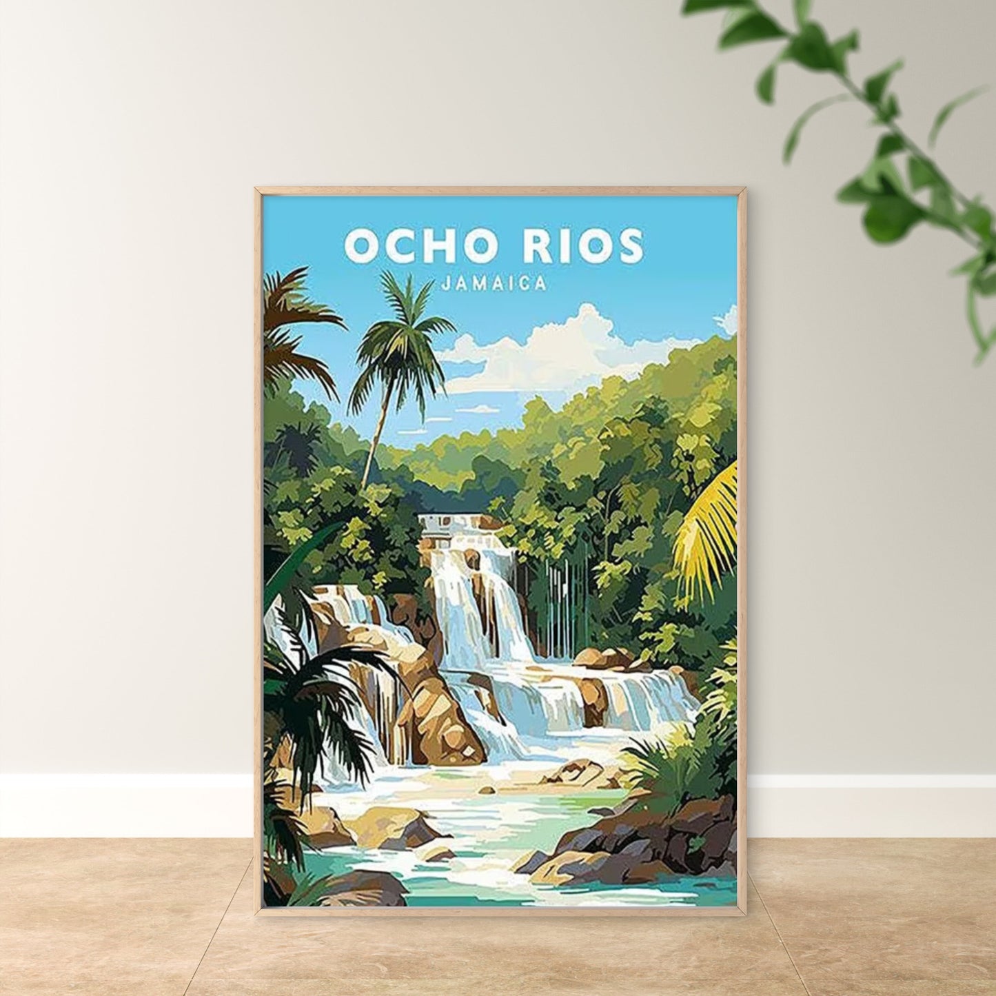 Rios Jamaica Caribbean Waterfall & Palm Tree Travel Poster Print Wall Art