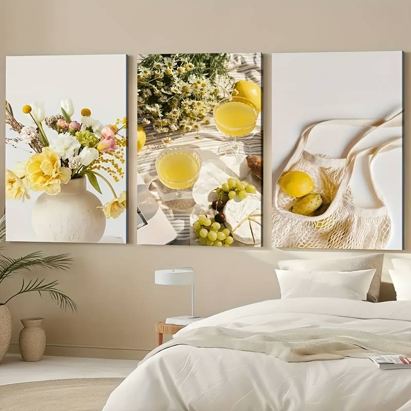 3pcs Tasting Picnic with Lemon Grape Plants and Flowers Wall Art Set Canvas Framed 40x60cm - High Quality Print 100% Australian Made Wall Canvas Ready to Hang