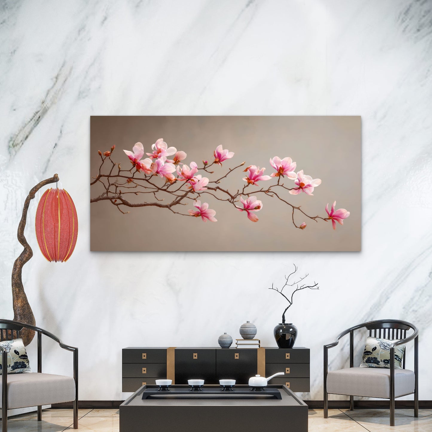 Pink Blooms, Taupe Sky Wall Art Canvas Office Home Room Framed 120x60cm - Bella Home Decor