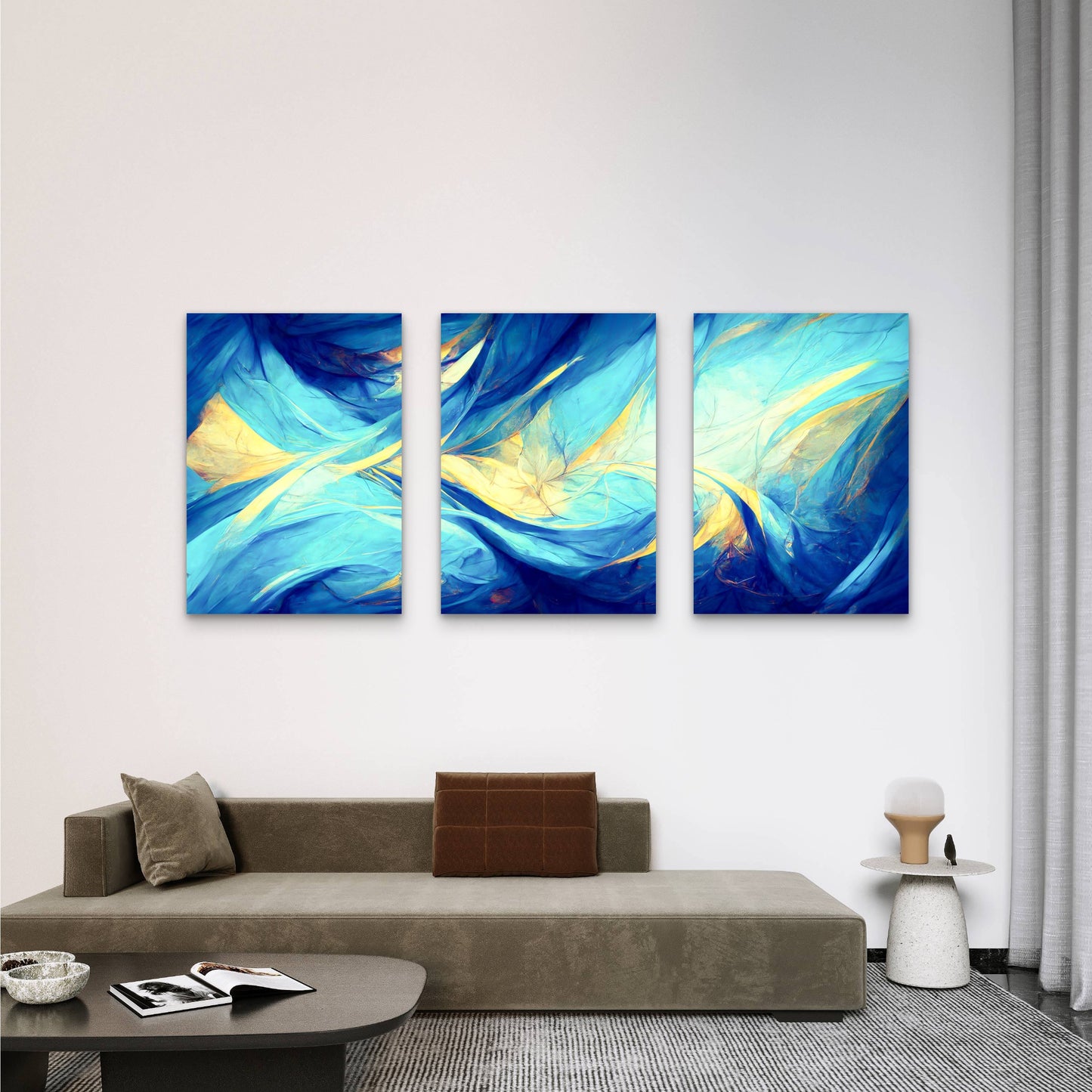 3pcs Abstract Ocean Wave Blue Gold Flowing Wall Art Set Canvas Framed 60x90cm - High Quality Print 100% Australian Made Wall Canvas Ready to Hang - Bella Home Decor
