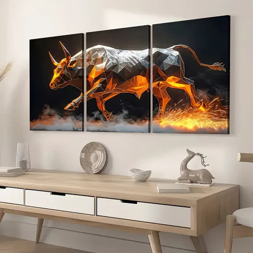 3pcs Modern Style Fashion Abstract Geometry Cattle Animal Art Wall Art Set Canvas Unframed - High Quality Print 100% Australian Made Wall Canvas