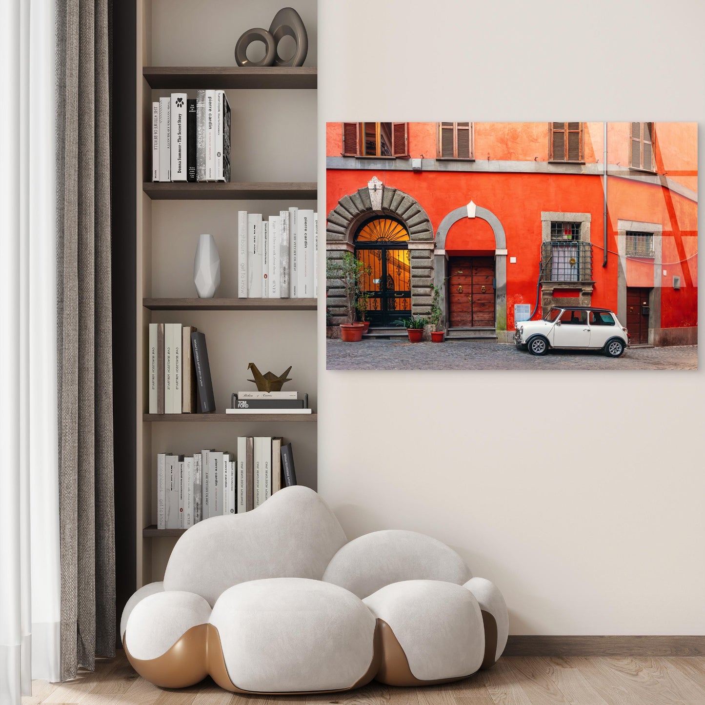 Classic White Mini Cooper Rome Street Acrylic Glass Printing Wall Art Australian Made Quality