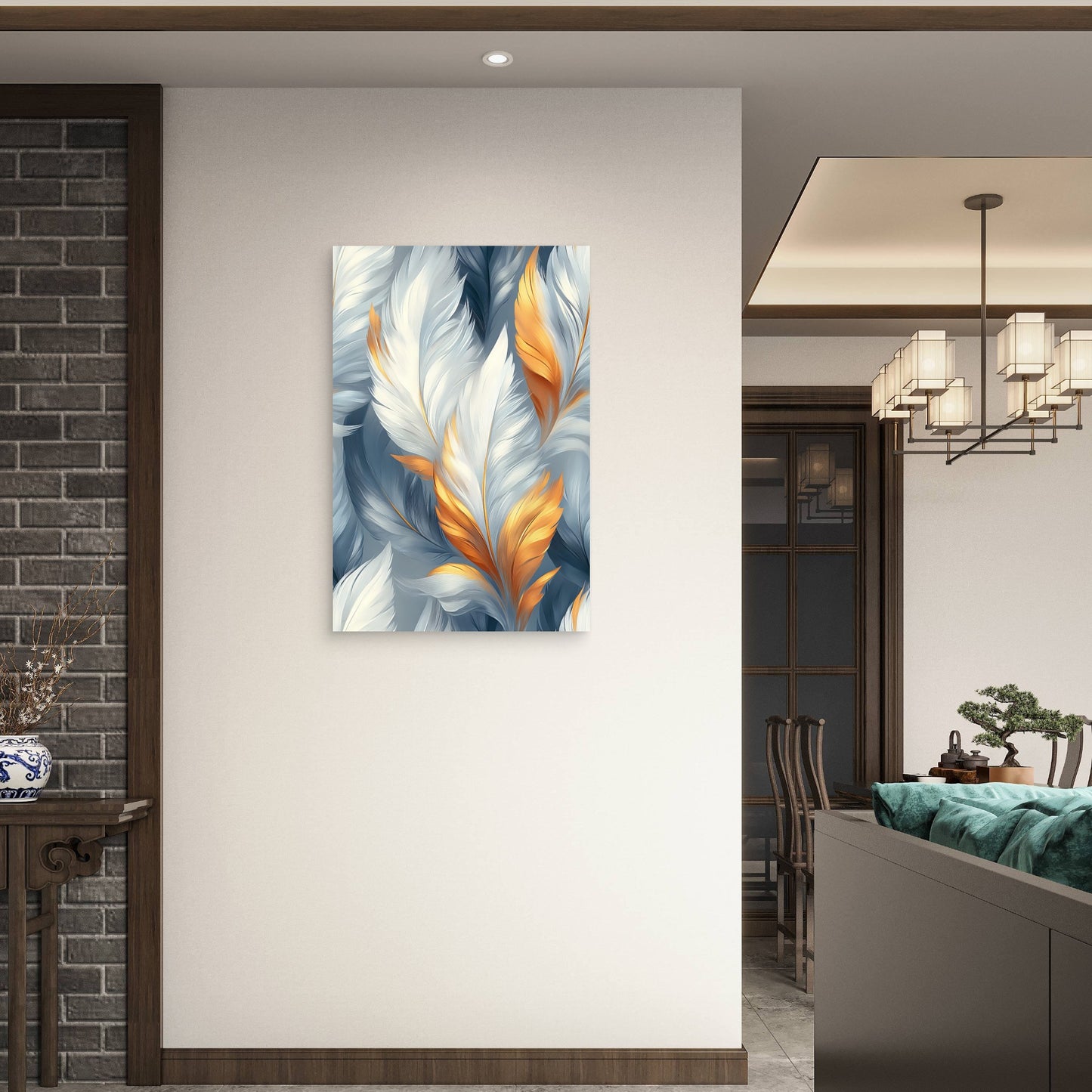Blue Gold White Soft Feather Pattern 40x60cm Metal Print Ready to Hang