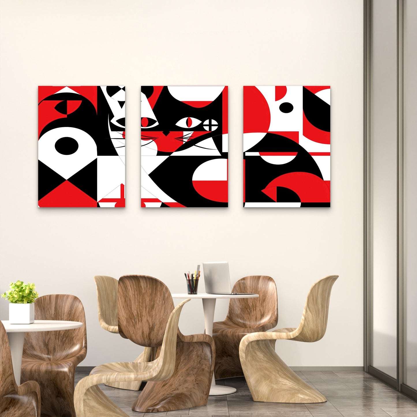 3pcs Geometric Cat Abstract Art Metal Print Ready to Hang Art