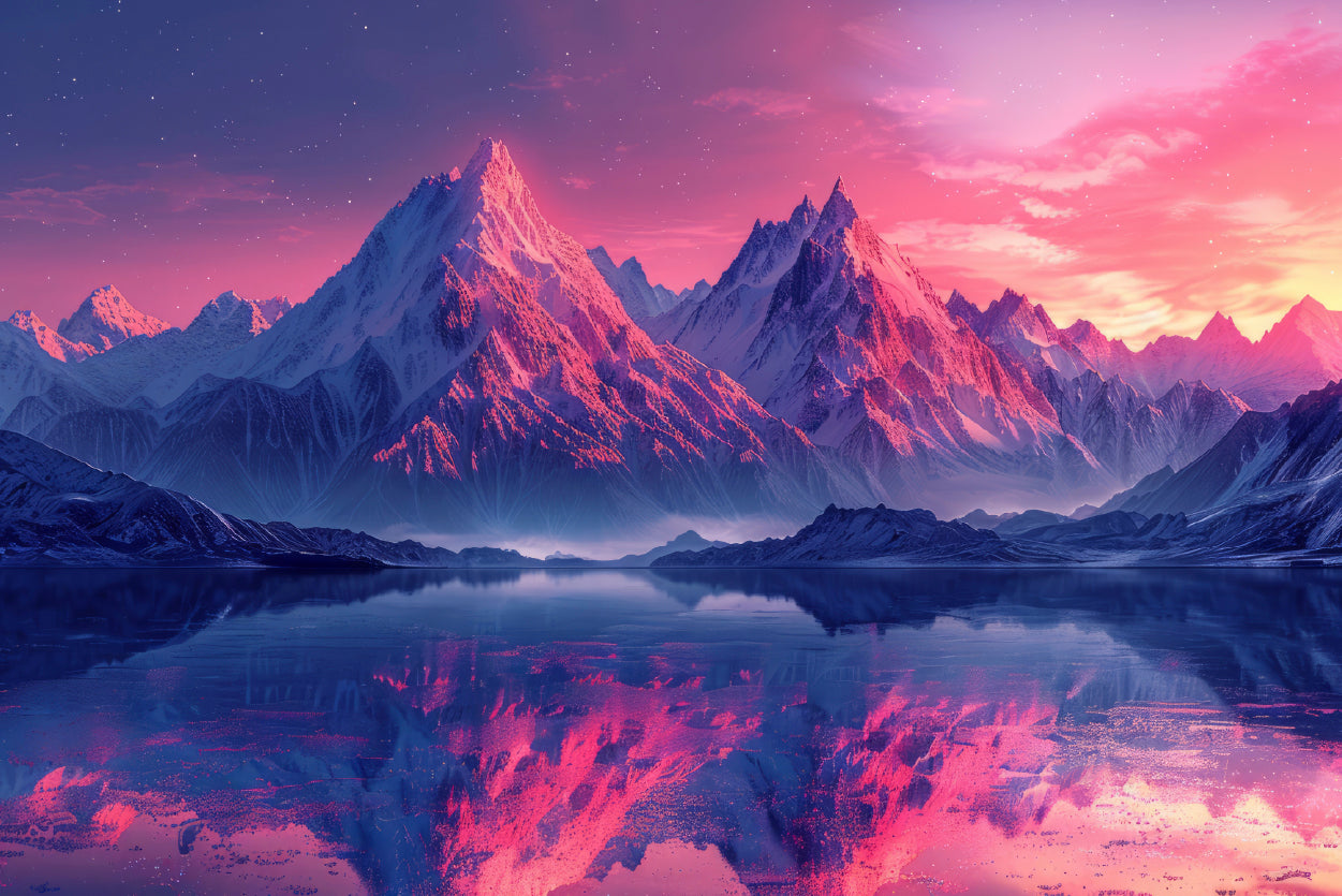 Pink Sunset Over Snowy Mountain & Lake Home Decor Premium Quality Poster Print Choose Your Sizes - Bella Home Decor