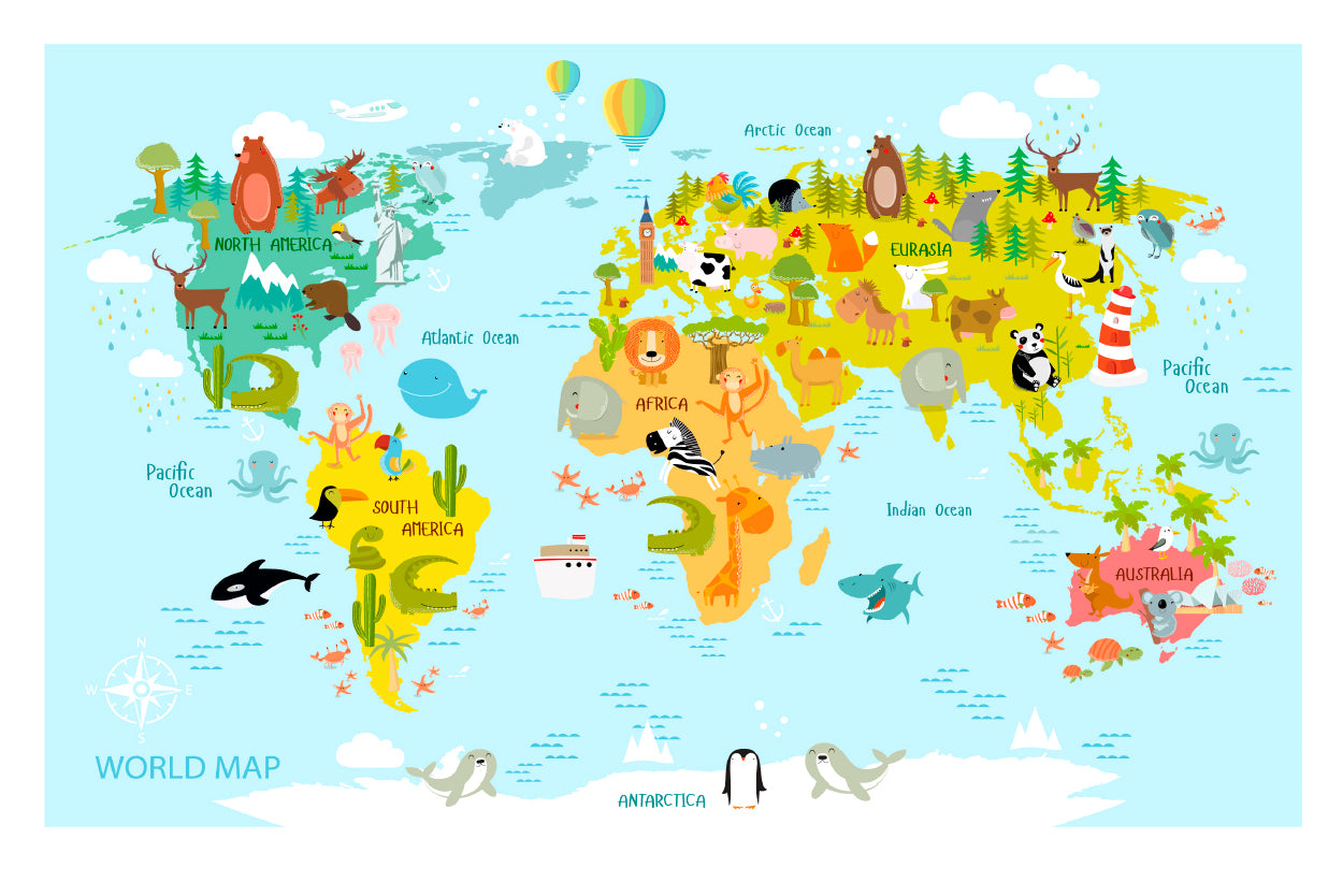 Map Of the World with Cartoon Animals Home Decor Premium Quality Poster Print Choose Your Sizes - Bella Home Decor