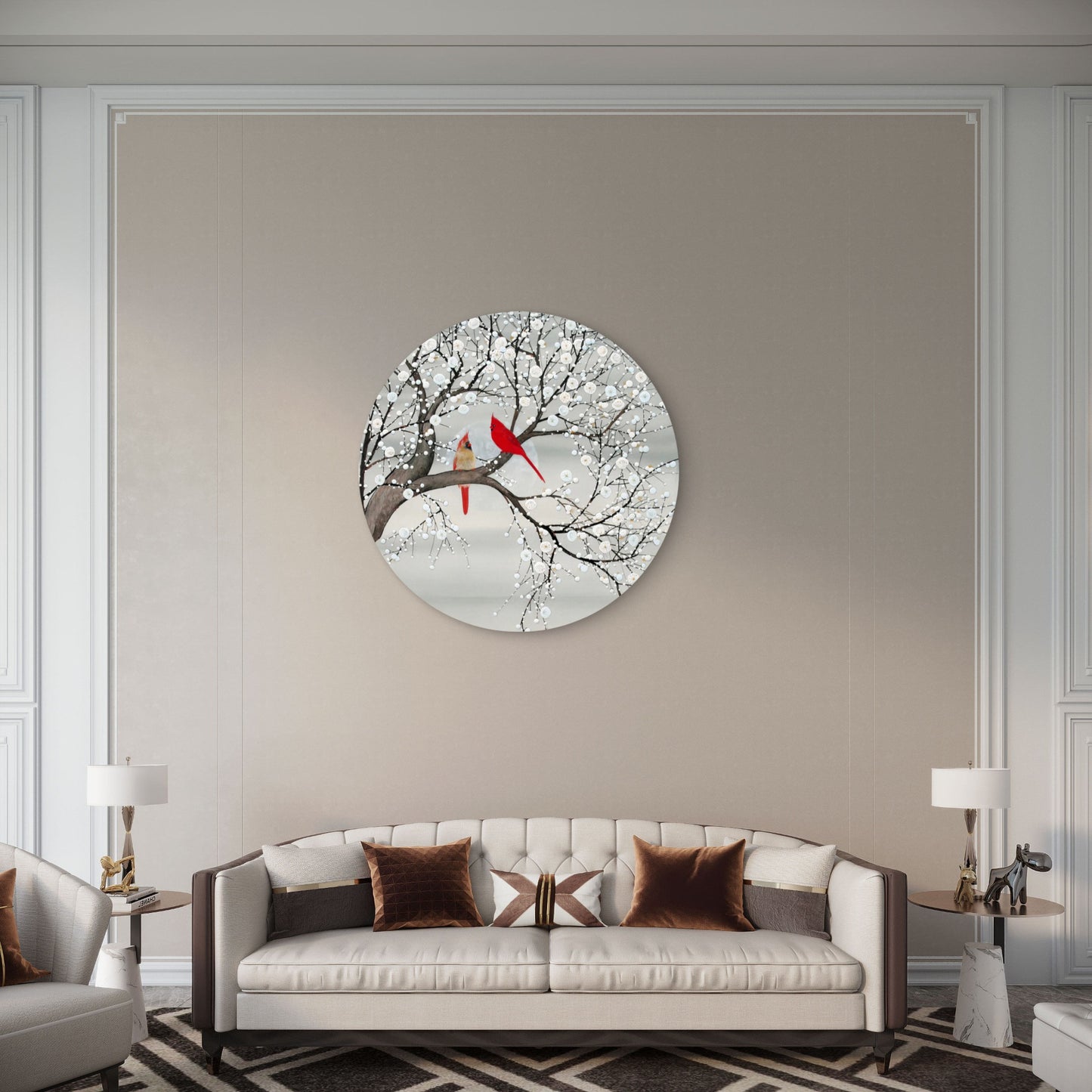 Grey White Flower Blossoming Red Bird Couple Acrylic Glass Rounded Print Tempered Glass Wall Art 100% Made in Australia Ready to Hang