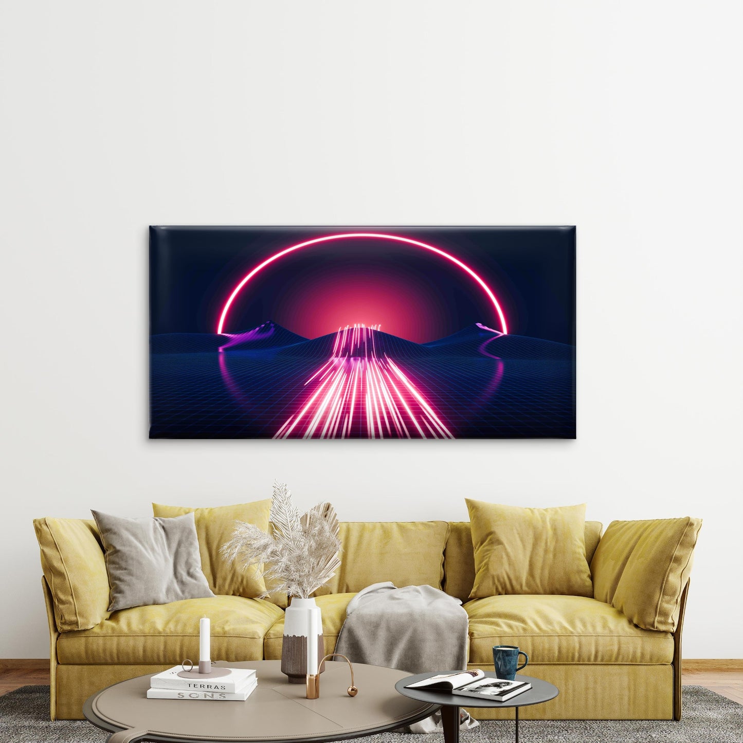 80s Synthwave Landscape Wall Art Canvas Office Home Room Framed 120x60cm - Bella Home Decor