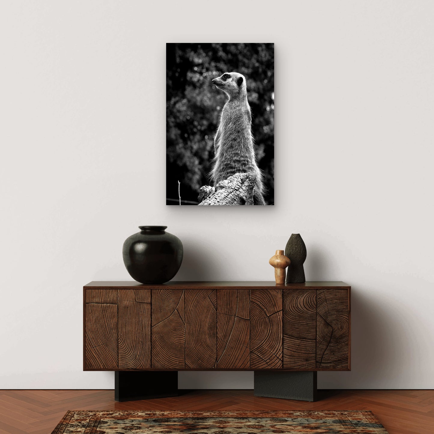 Black White Meerkat Wildlife Sentinel 40x60cm Metal Print Ready to Hang