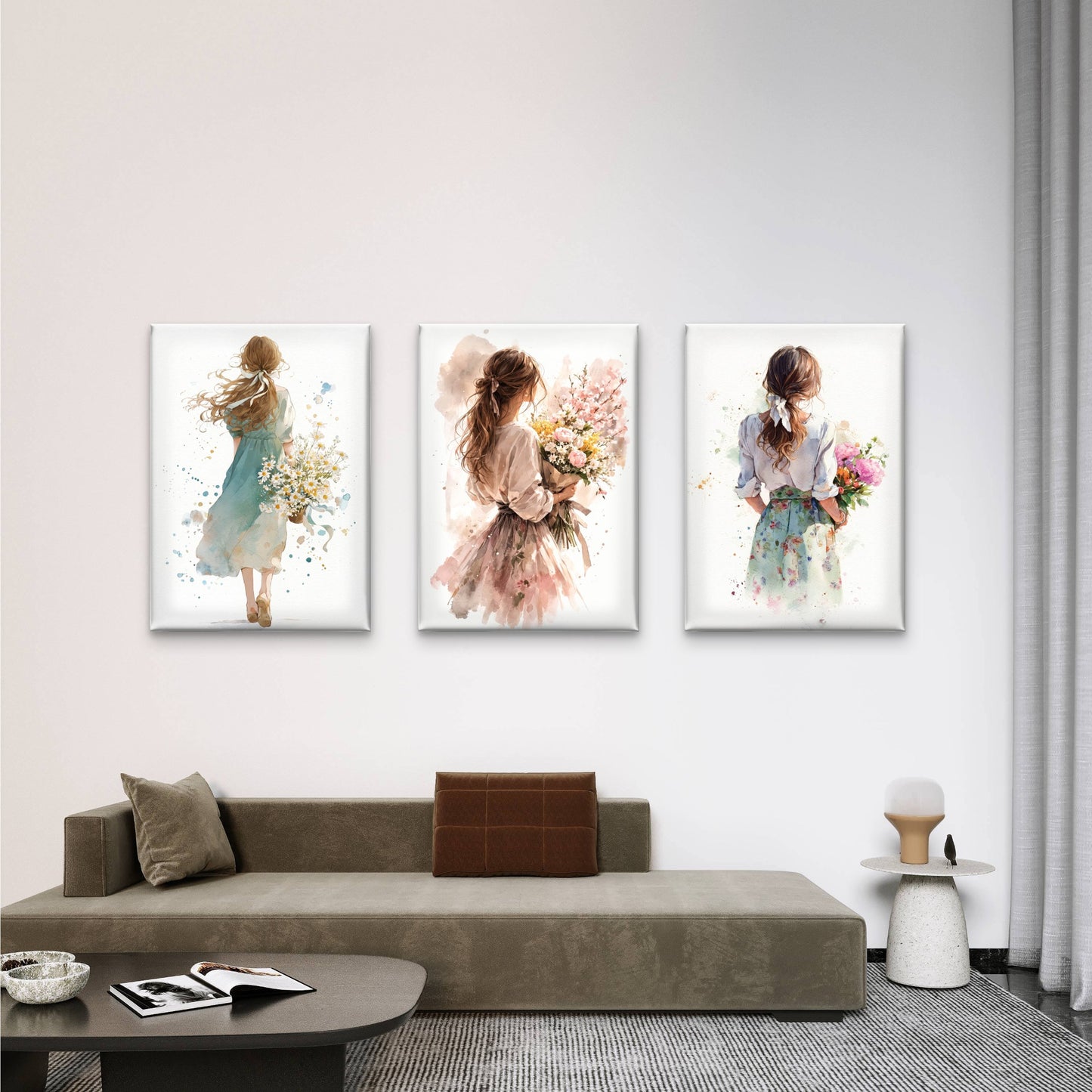 3pcs Shabby Chic Watercolor Woman Painting Wall Art Set Canvas Framed 60x90cm - High Quality Print 100% Australian Made Wall Canvas Ready to Hang