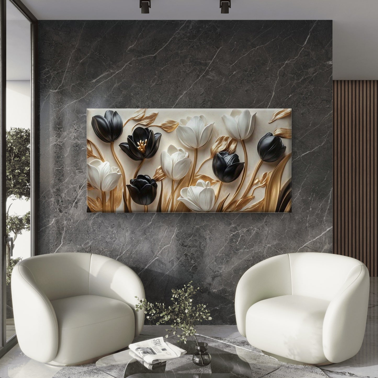 Black & White Tulips with Gold Wall Art Canvas Office Home Room Framed 120x60cm