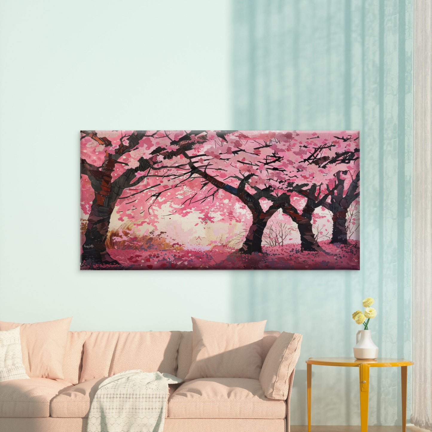 Pink Cherry Blossom Trees Wall Art Canvas Office Home Room Framed 120x60cm
