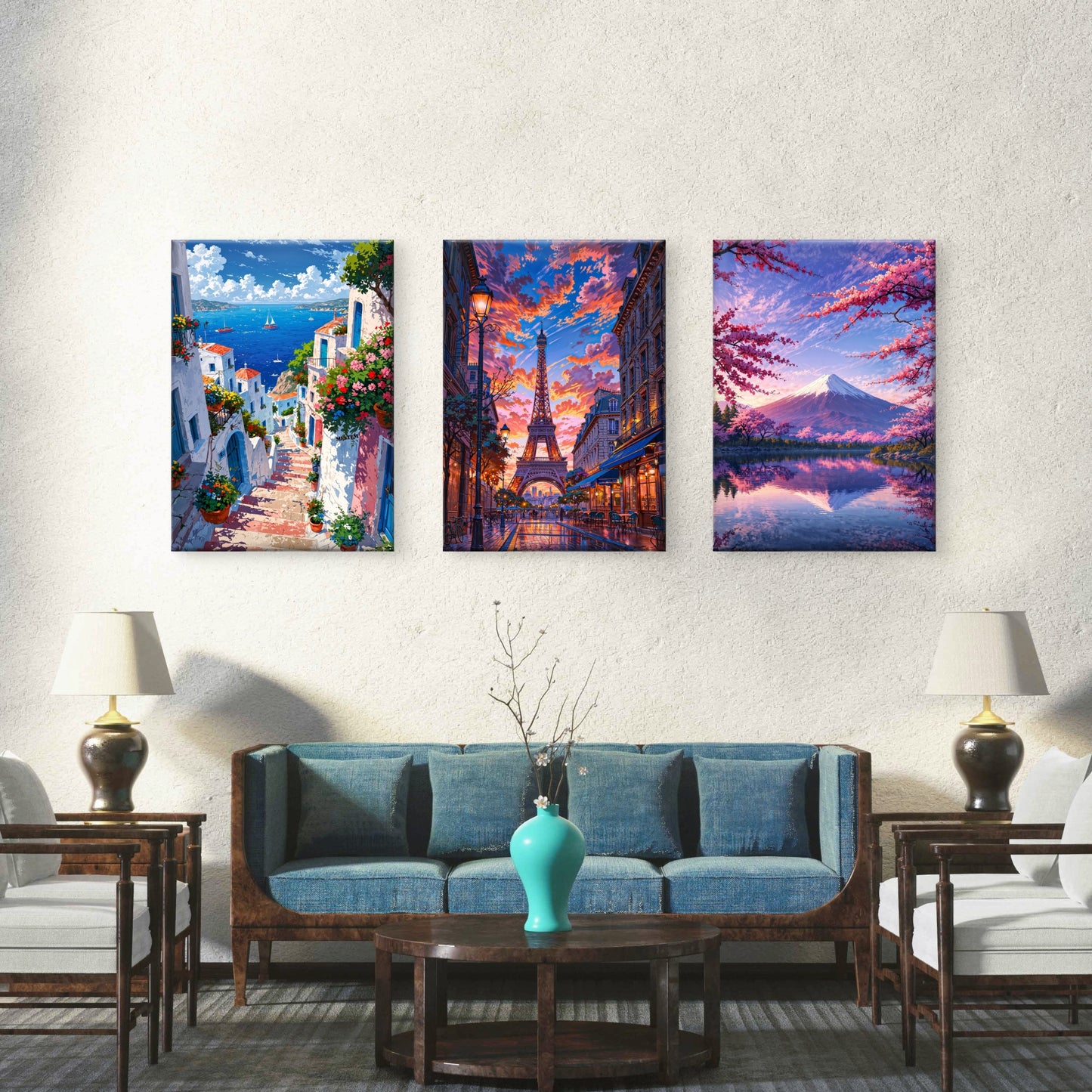3pcs Paris Eiffel Tower Greece Mount Fuji Japan Wall Art Set Canvas Framed 50x70cm - High Quality Print 100% Australian Made Wall Canvas Ready to Hang