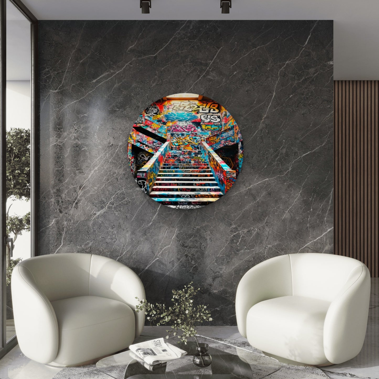Modern Graffiti Painting Staircase Acrylic Glass Rounded Print Tempered Glass Wall Art 100% Made in Australia Ready to Hang