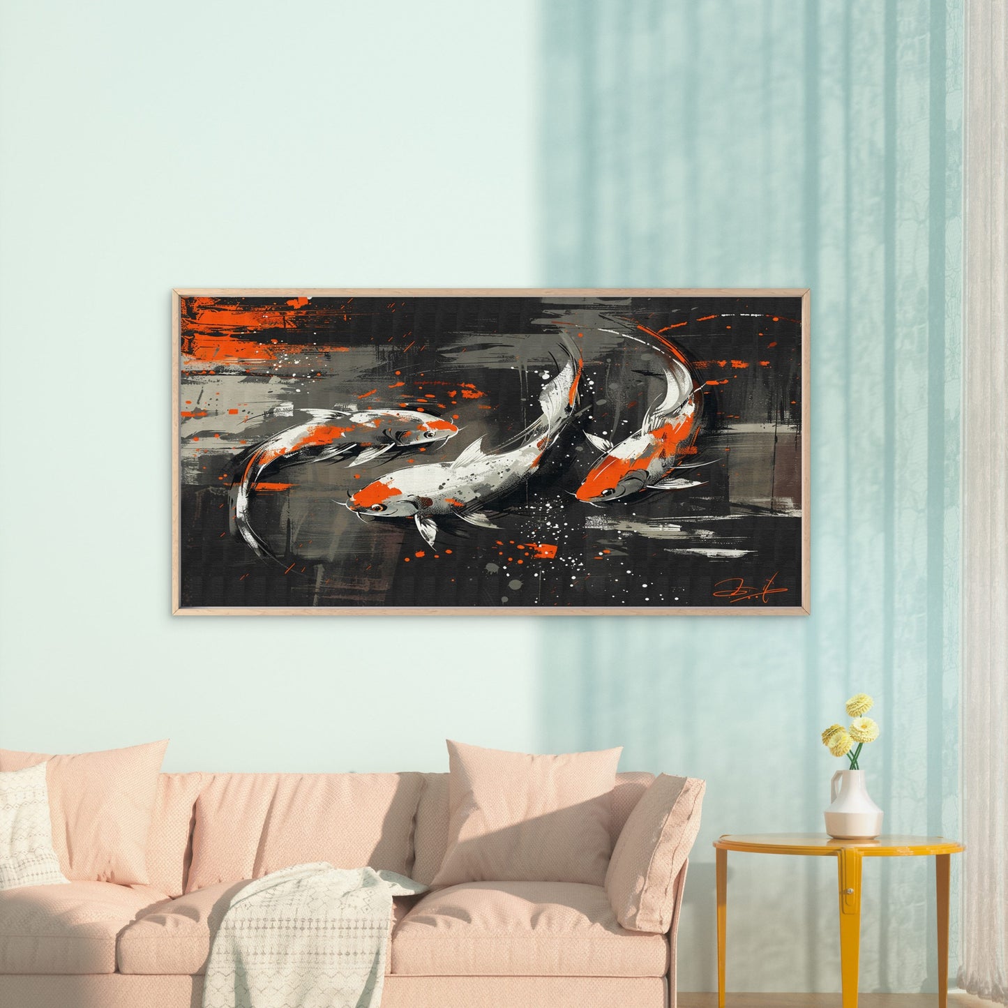 Three Koi Swim On Wall Art Canvas Office Home Room Framed 120x60cm