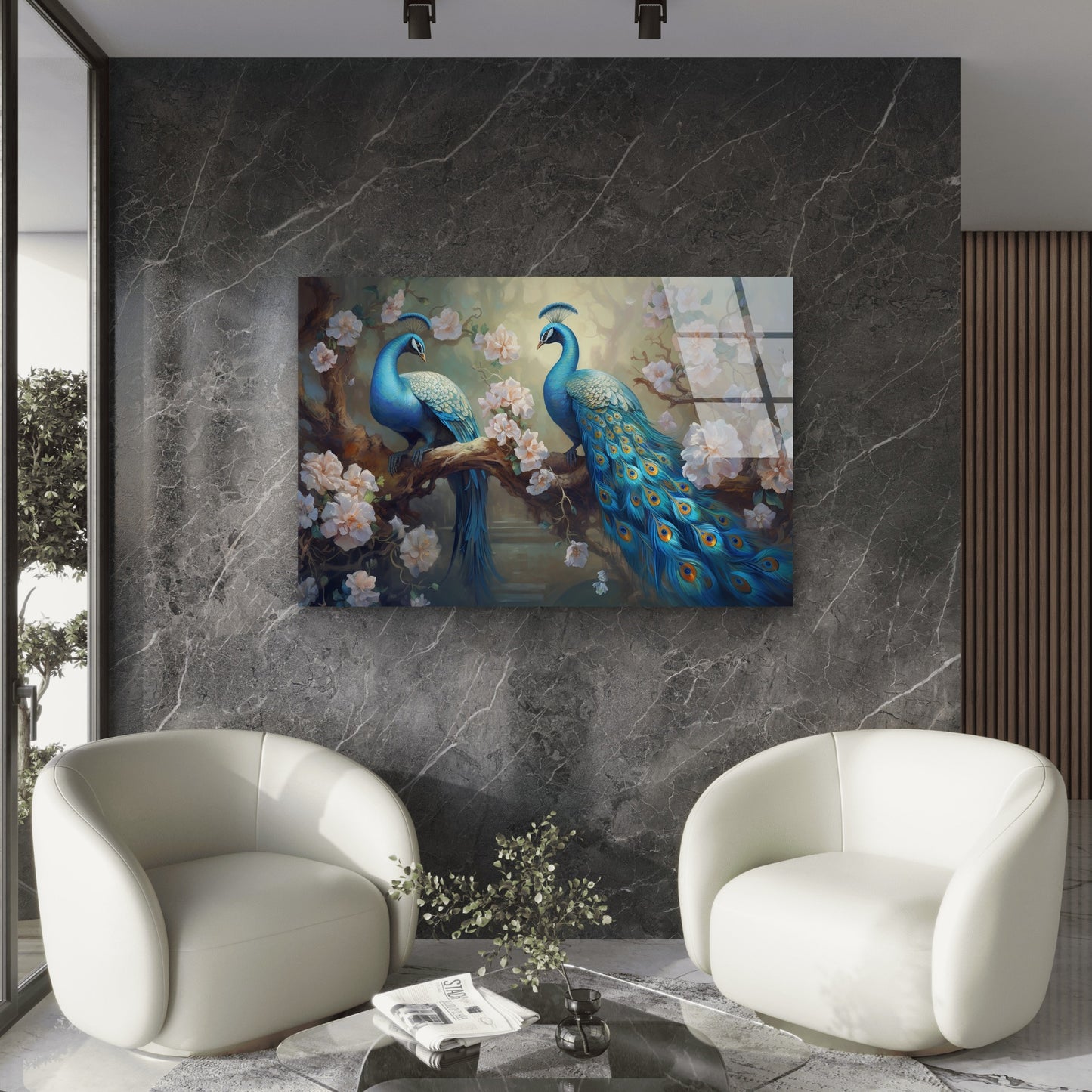 Blue Peacock Cherry Blossom Acrylic Glass Printing Wall Art Australian Made Quality