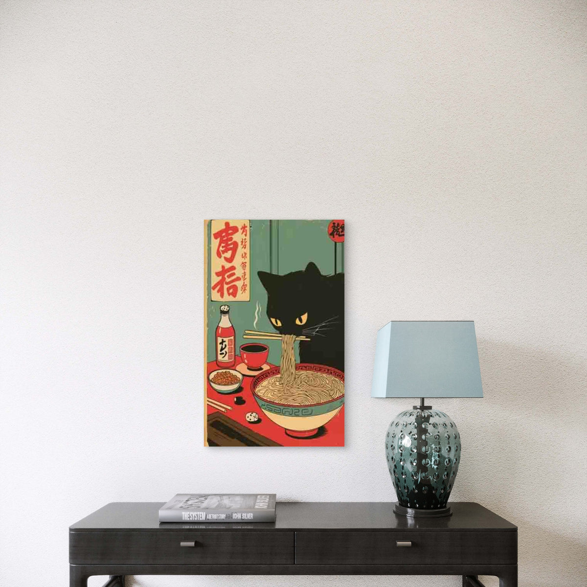 Black Cat Eating Ramen Japanese Retro Style Metal Print Ready to Hang