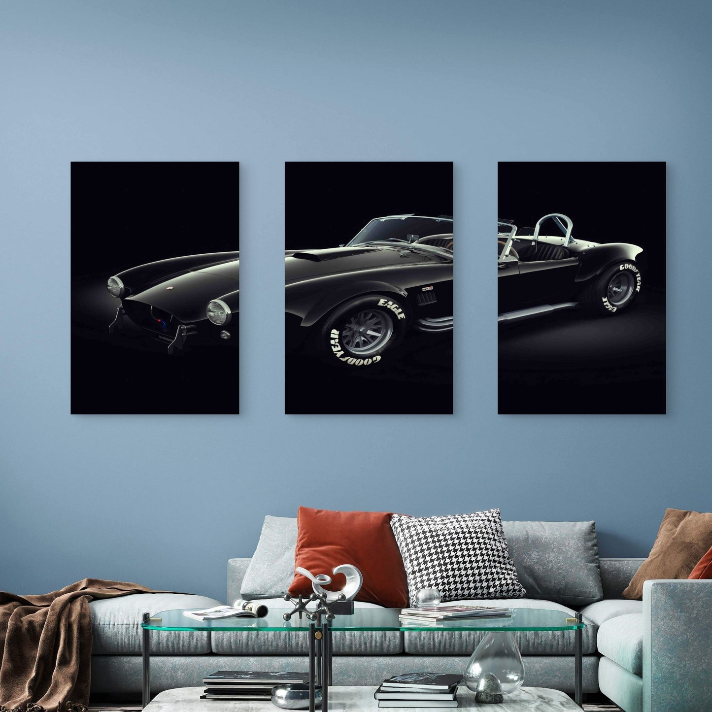 3pcs Classic Black Retro Roadster Sports Car Metal Print Ready to Hang Art