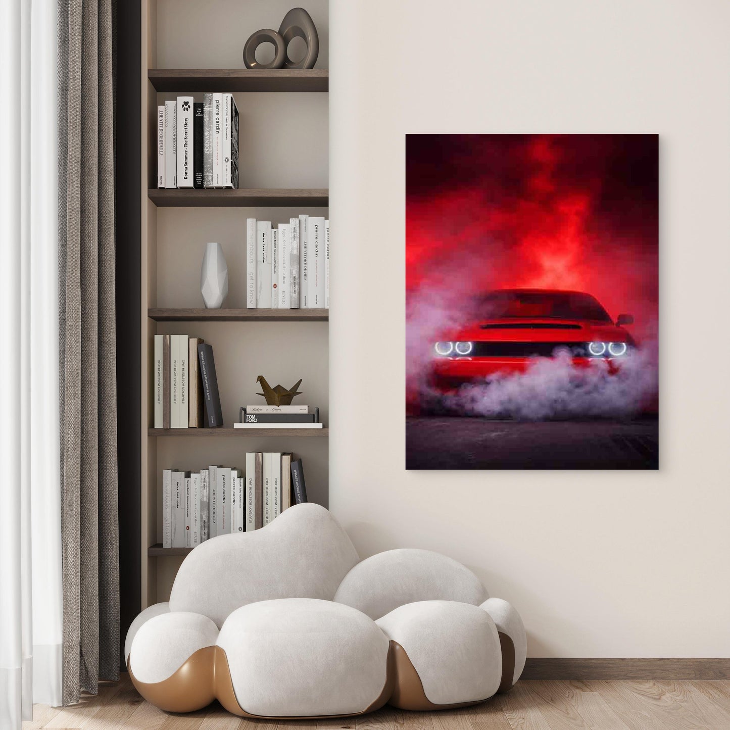 Featuring a Red Car with Smoke 40x60cm Metal Print Ready to Hang