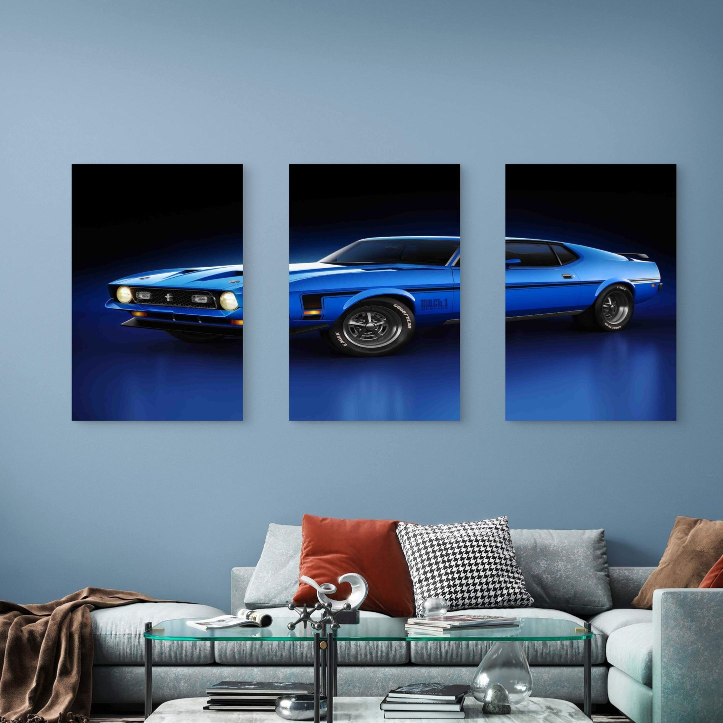 3pcs Classic Electric Blue Retro Muscle Car Metal Print Ready to Hang Art