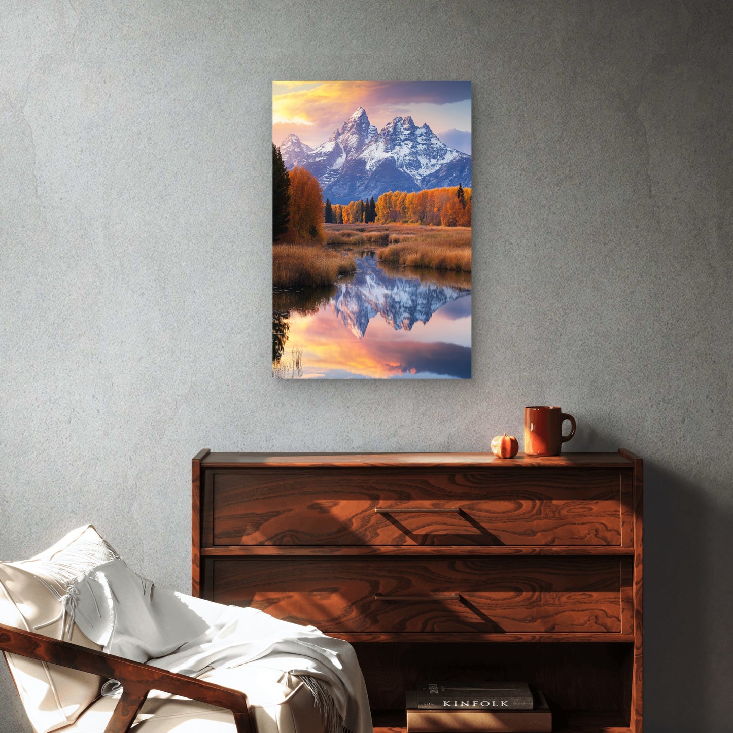 Autumn Forest Snow Mountain Valley Lake Paint 40x60cm Metal Print Ready to Hang