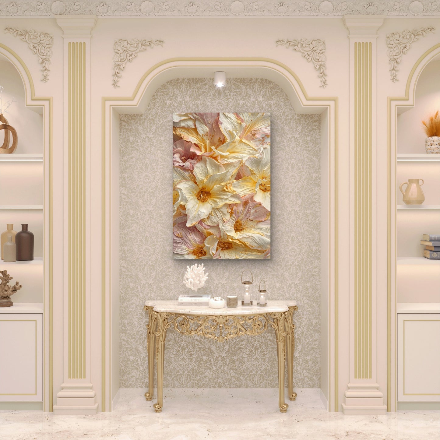 Textured Cream Lily Yellow Bloom Gold Leaf 40x60cm Metal Print Ready to Hang