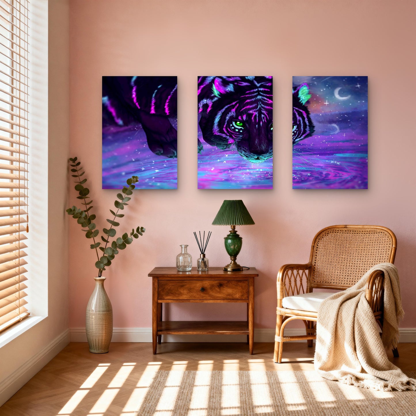 3pcs Neon Cosmic Tiger Glowing Green Eyes Metal Print Ready to Hang Art