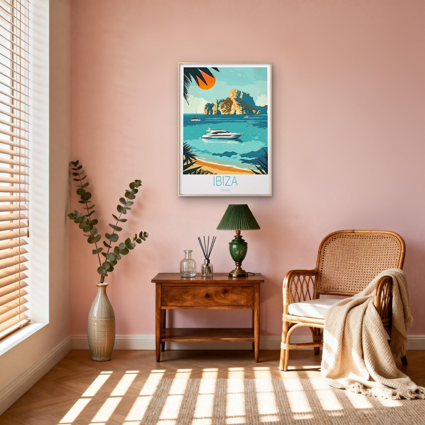 Ibiza Spain Beach with Yacht & Palm Tree Travel Poster Print Wall Art