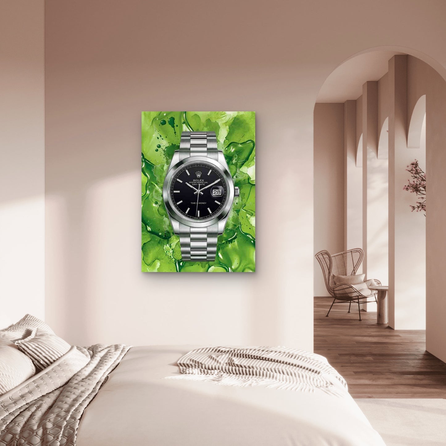 Lime Green Splash Silver Watch 40x60cm Metal Print Ready to Hang