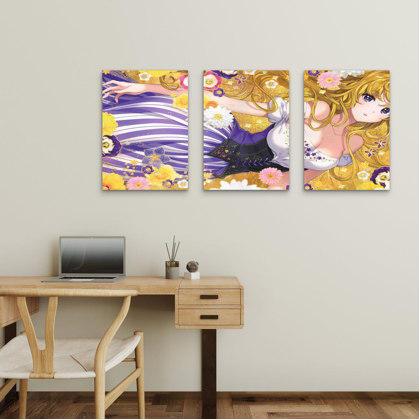 3pcs Whimsical Golden Flora Purple Corset LandscapeMetal Print Ready to Hang Art