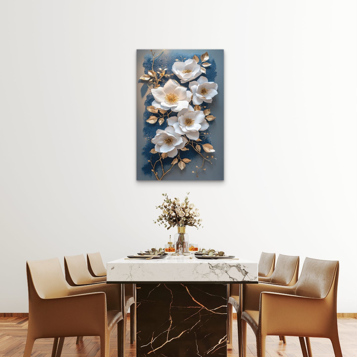 White Magnolia Blue Gold Floral Blossom Decor 40x60cm Metal Print Ready to Hang