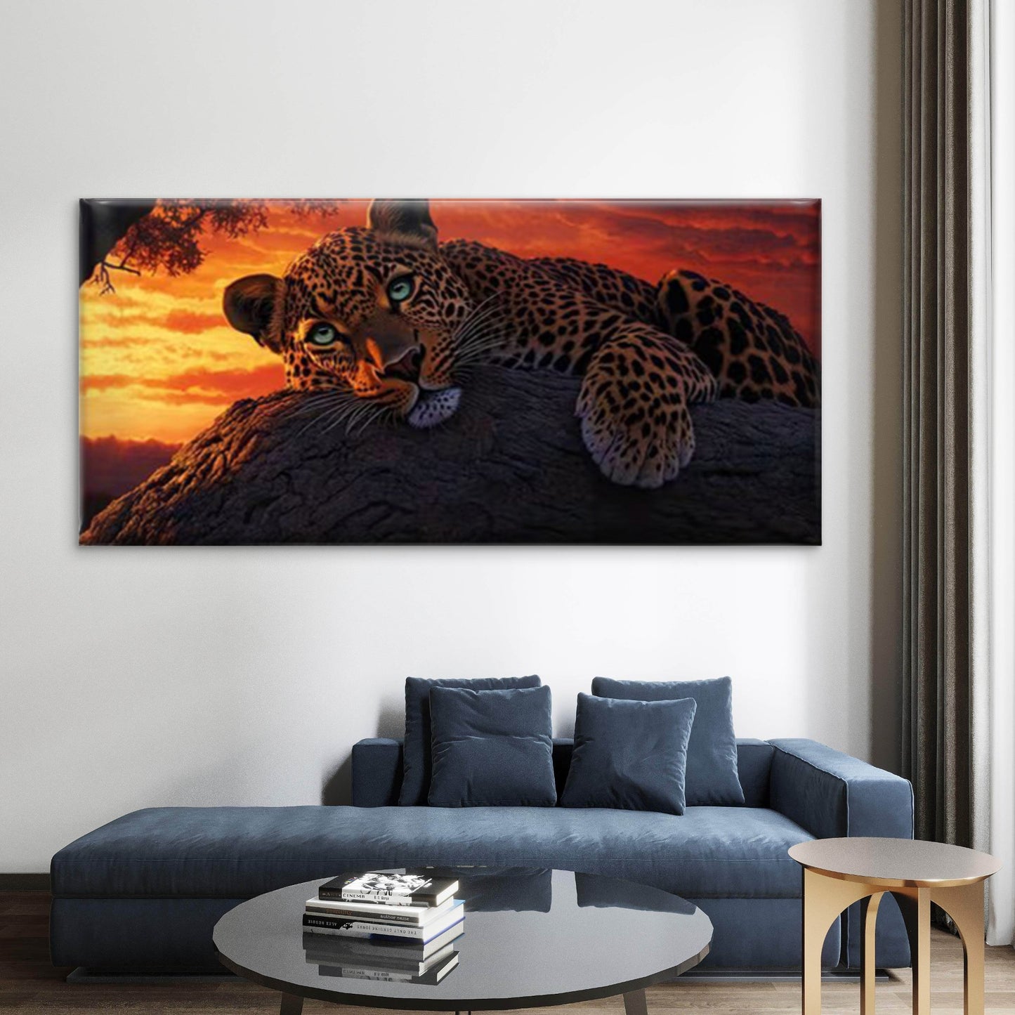 Leopard Sunset Rustic Wildlife Wall Art Canvas Office Home Room Framed 120x60cm