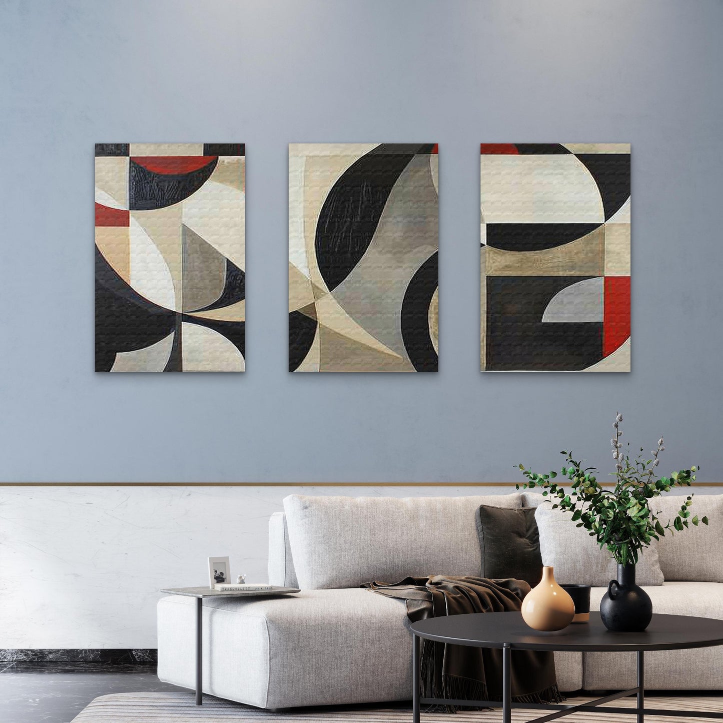 3pcs Black Red Beige Geometric Abstract Wall Art Set Canvas Framed 50x70cm - High Quality Print 100% Australian Made Wall Canvas Ready to Hang
