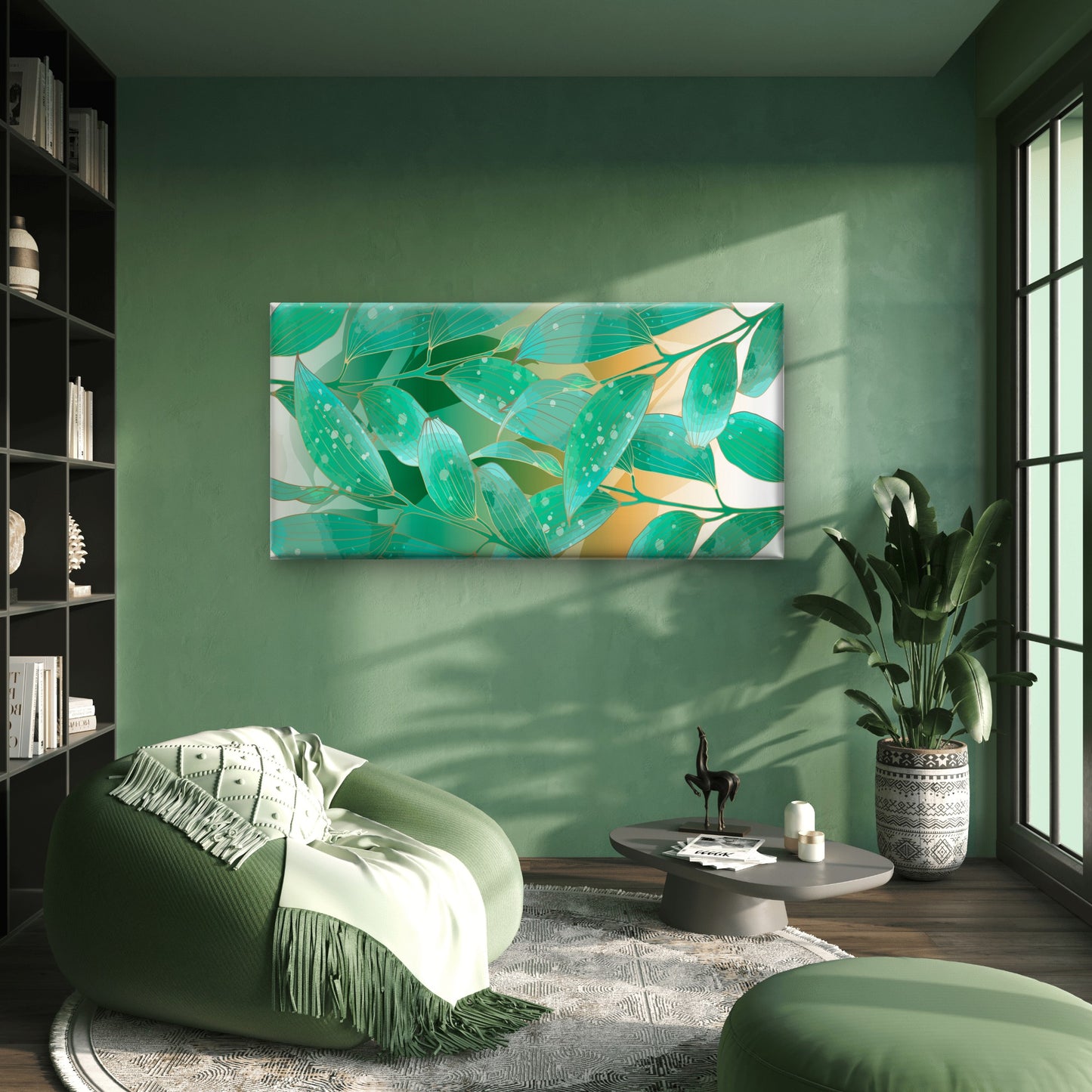 Green Gold Tropical Leaf Wall Art Canvas Office Home Room Framed 120x60cm