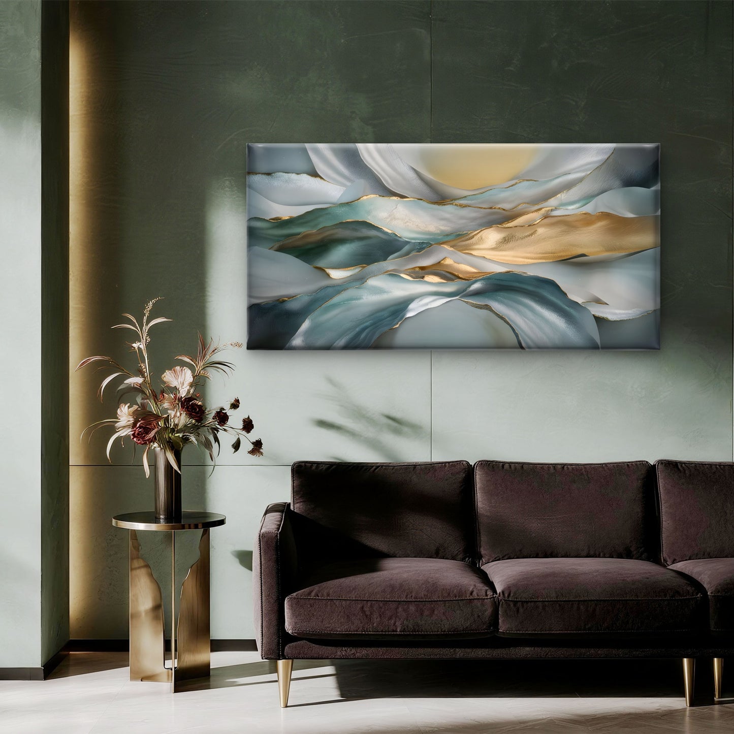 Teal Gold Waves Abstract Wall Art Canvas Office Home Room Framed 120x60cm
