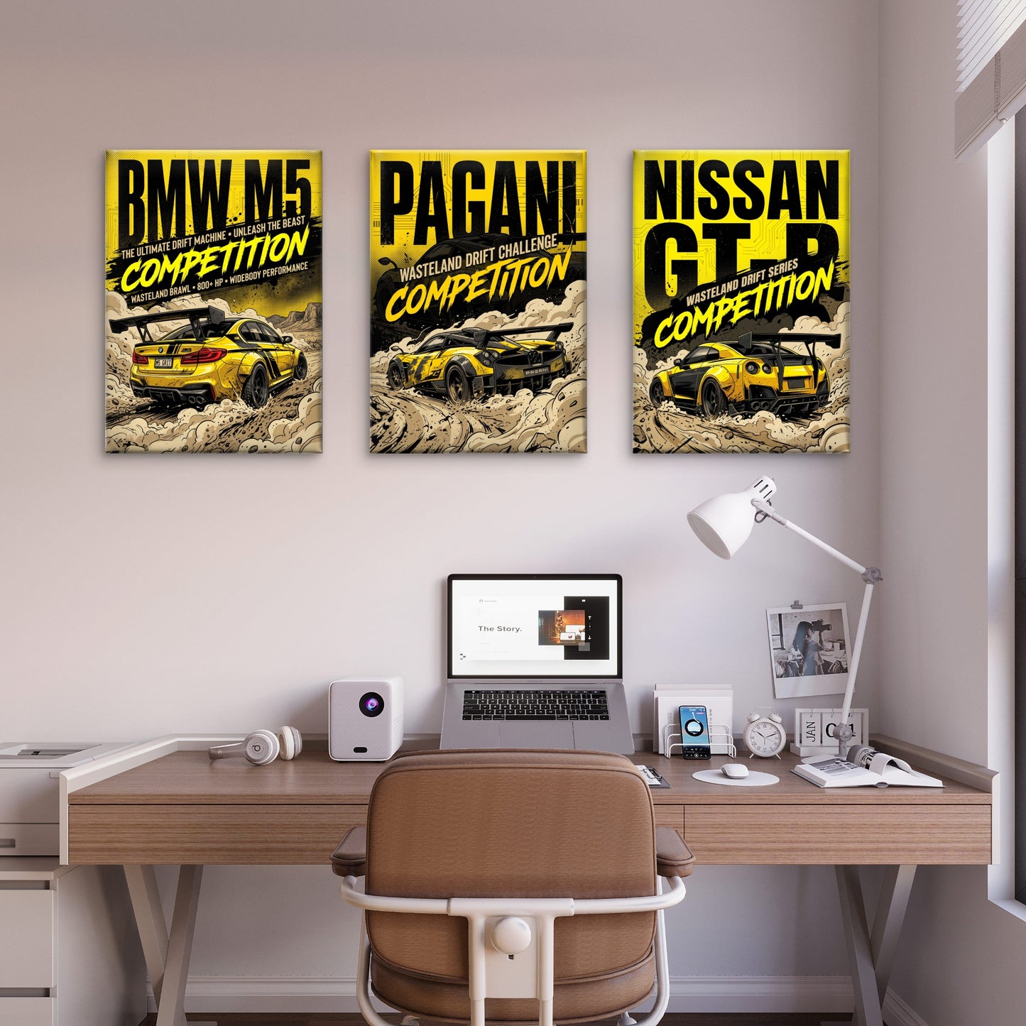 3pcs BMW M5 Pagani Nissan GTR Yellow Supercar Wall Art Set Canvas Framed 50x70cm - High Quality Print 100% Australian Made Wall Canvas Ready to Hang
