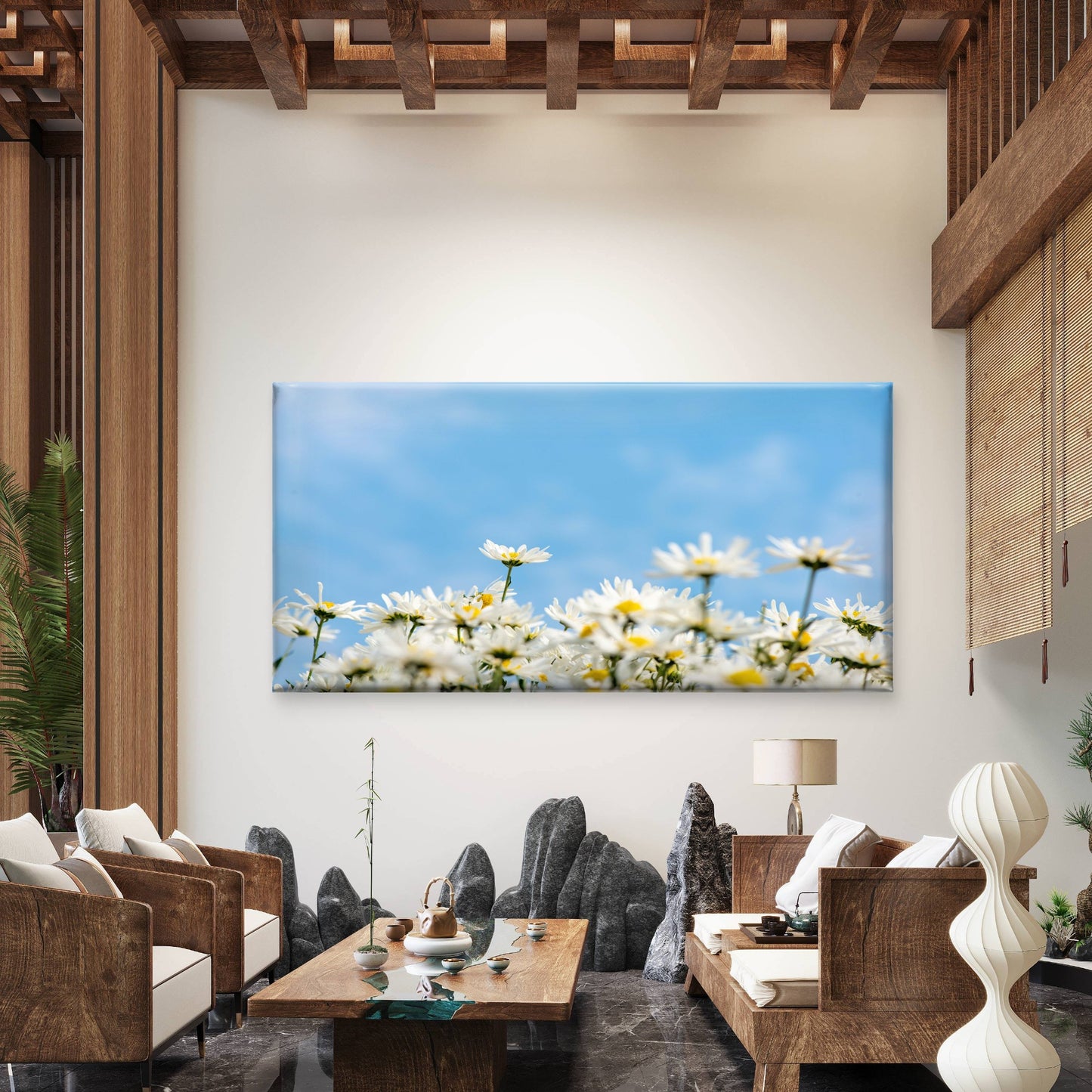 White Daisies Sunny Sky Wall Art Canvas Office Home Room Framed 120x60cm - Bella Home Decor