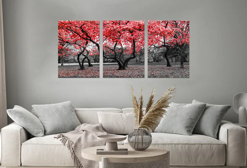 3pcs Red Leaves Trees Black and White Wall Art Set Canvas Unframed - High Quality Print 100% Australian Made Wall Canvas