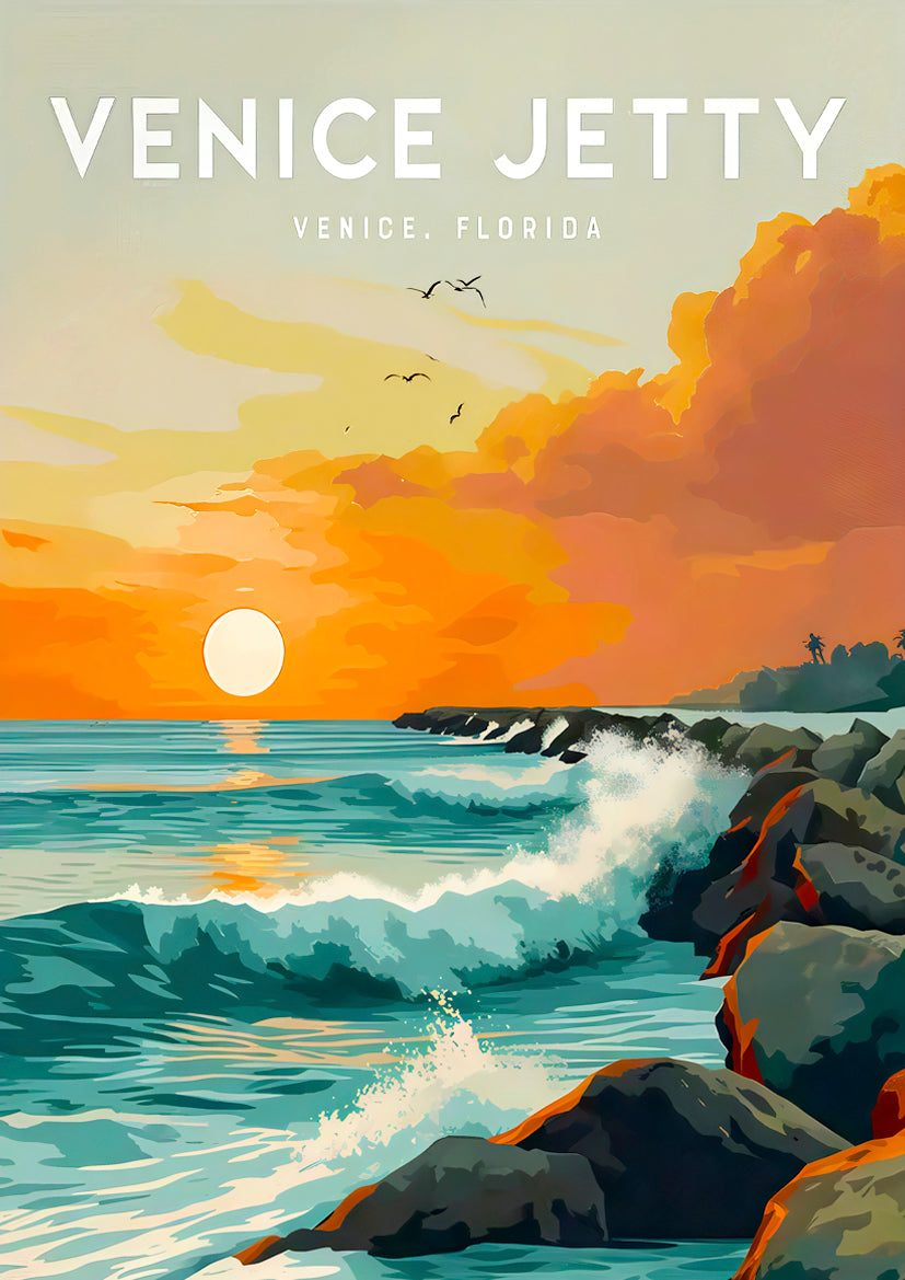 Venice Jetty Florida Surf Point Vibrant Sunset Ocean Waves & Coast Travel Poster Print Wall Art