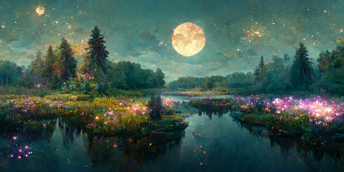 Magical Moonlit Forest Lake Wall Art Canvas Office Home Room Framed 120x60cm