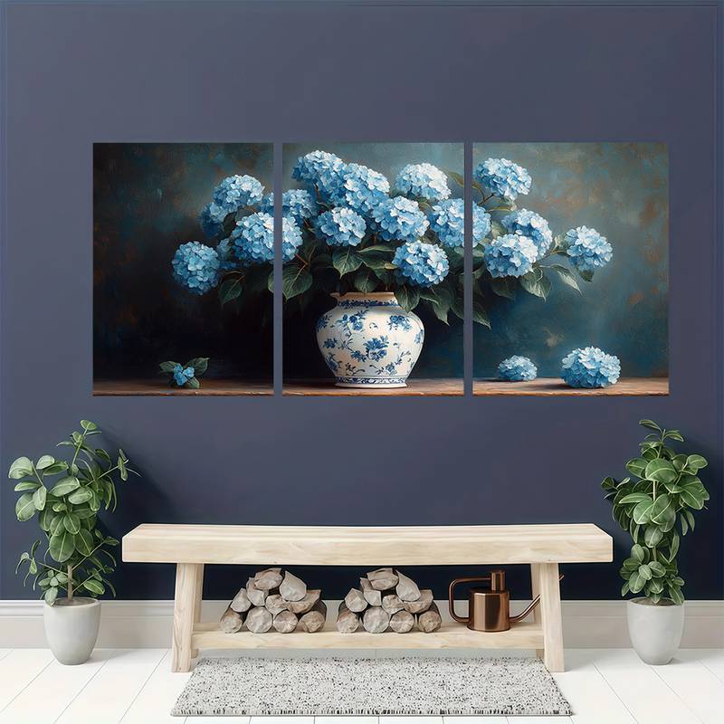 3pcs Victorian Bohemian Blue White Porcelain Vase Hydrangea Flower Metal Print Ready to Hang Art