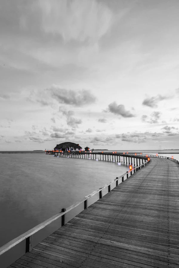 Wooden Pier Villas on Sea B&W Photograph 60x90cm Print 100% Australian Made - Bella Home Decor