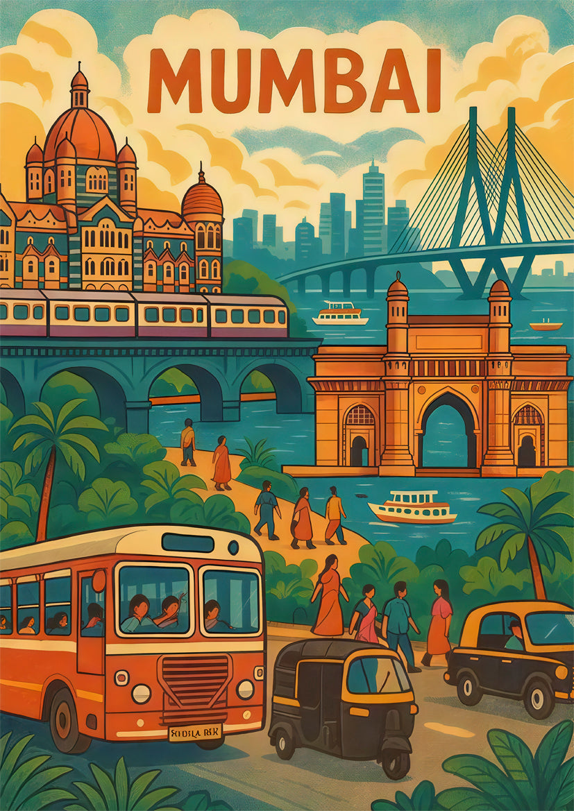 Mumbai Gateway of India Taj Mahal Bandra-Worli Sea Link Travel Poster Print Wall Art